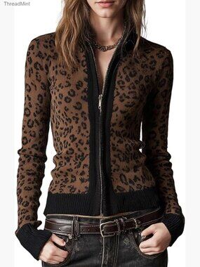 Slim Fit Leopard Zip Up Cardigan - Color Block Open Front Sweater Coat